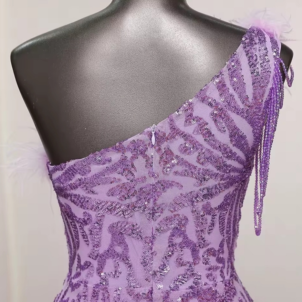 Purple,  Geo Print, Assymmetrical Neck,  Ostrich Feather, Beaded,  Sequined Gown - Picture 8 of 16